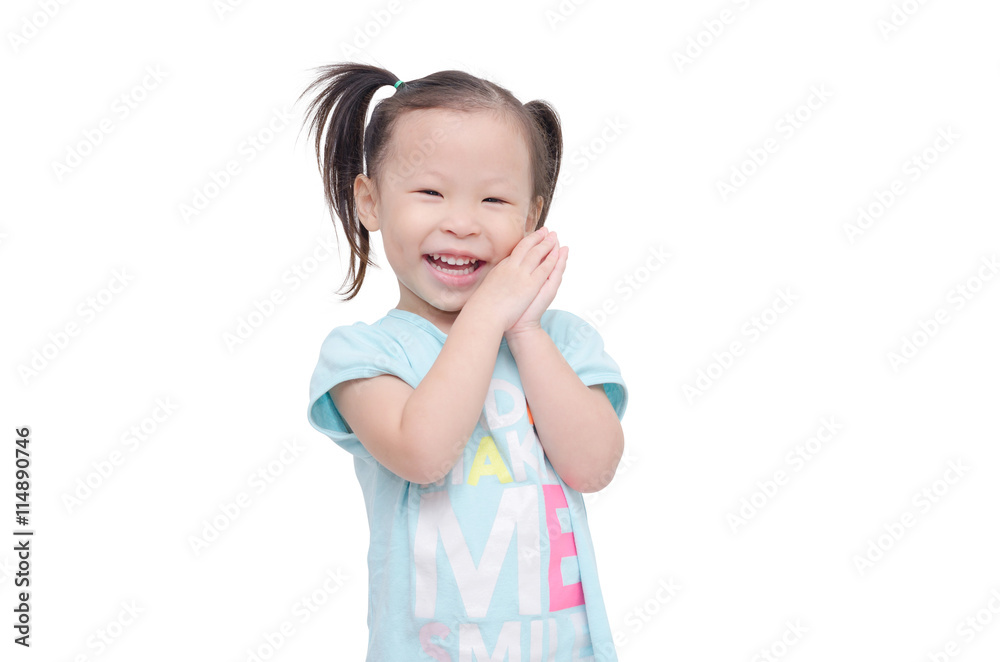 Little asian girl smiles over white background