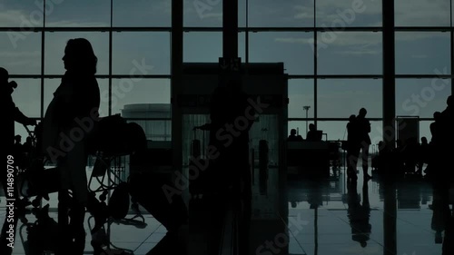 Airport Terminal Hall Silhouette Walking Travelers in Slow Motion