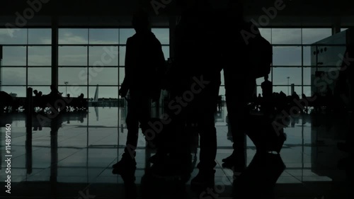 Airport Terminal Hall Silhouette Walking Travelers Wide Shot 4K