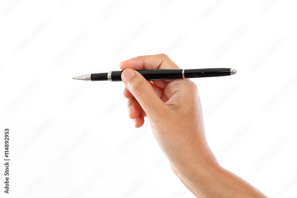 Hand holding black pen against white background Hand holding black pen against white background