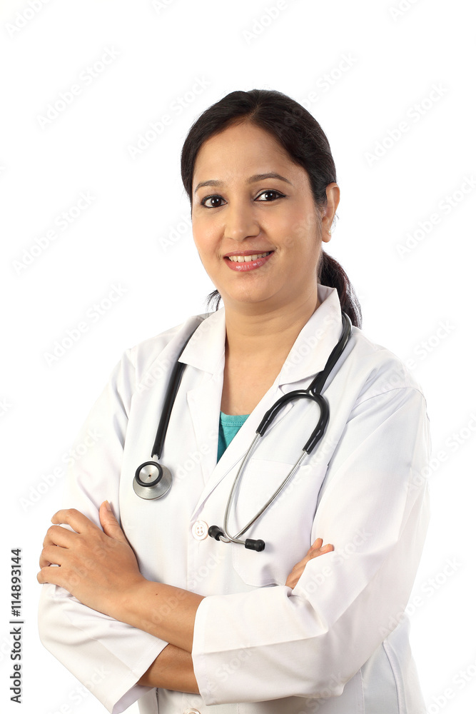 Happy young female doctor against white background Happy young female doctor against white background