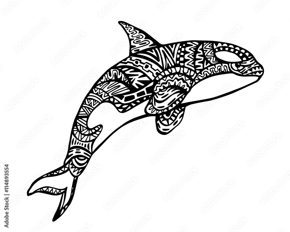 Fototapeta premium Ethnic Animal Doodle Detail Pattern - Killer Whale Zentangle Illustration