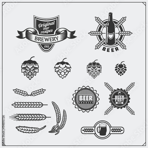 Beer set. Labels, signs, emblems, symbols and design elements.