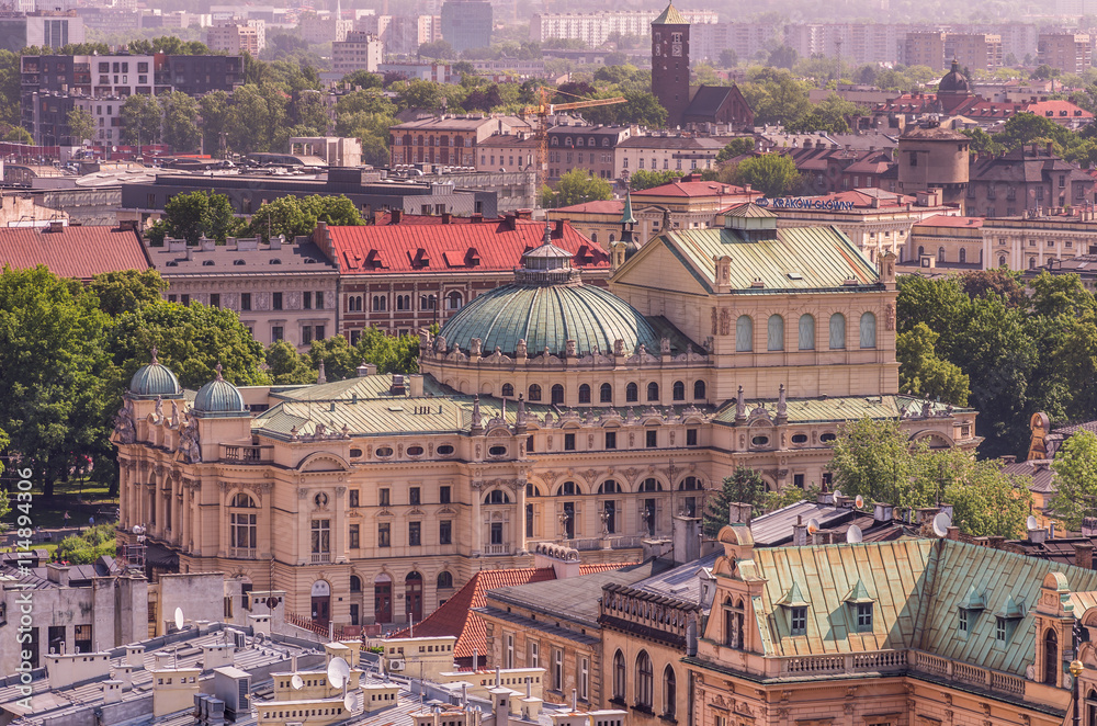 Krakow old city with Slowacki theatre sen from above
