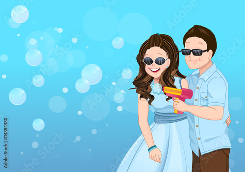 Playful couple cartoon vector with soap bubble guns and happy face