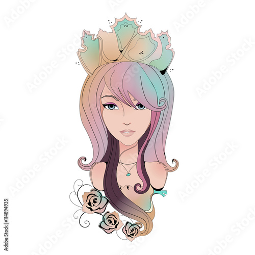 Conceptual portrait illustration of a girl in pastel colours,