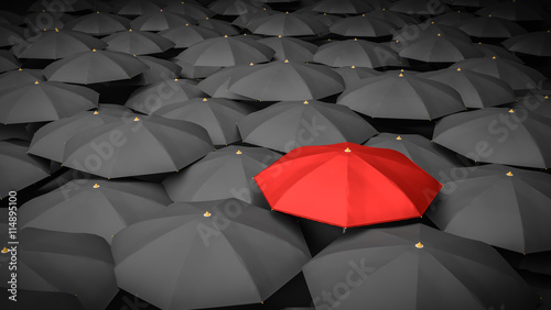 Leadership or distinction concept. Red umbrella and many black umbrellas around. 3D rendered illustration.