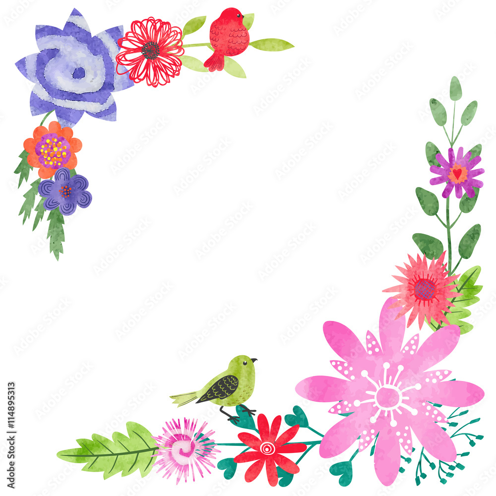 Watercolor floral corner composition. Greeting card design with flowers and birds. Vector illustration.