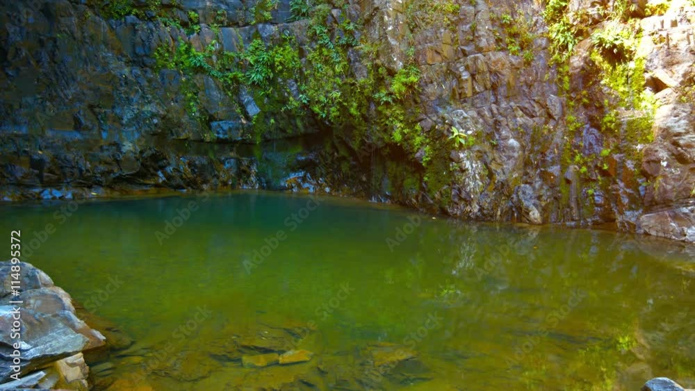 Natural pool of glassy, green water, lying at the base of a limestone cliff in a tropical wilderness. Natural pool of glassy, green water, lying at the base of a limestone cliff in a tropical wilderness.