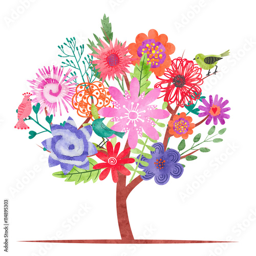 Watercolor blossom tree wit...