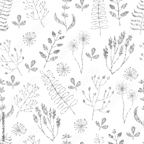 Silver floral seamless pattern. Vector background with silver leaves and branches. 