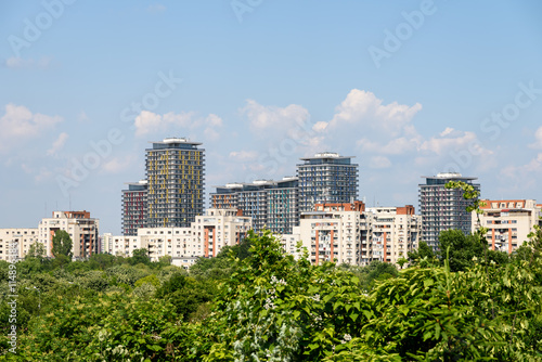 Bucharest City Skyline View Over Central Public Park Trees