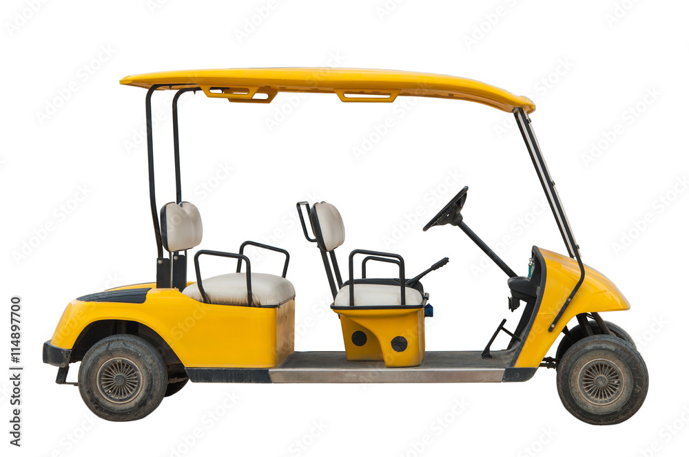The yellow electric golf car with four seats