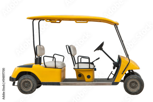 The yellow electric golf car with four seats