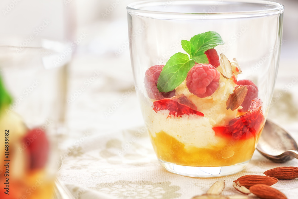 Peach Melba ice cream dessert close up Peach Melba ice cream dessert close up