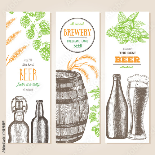 Banner set. Vector illustration in sketch style. Hand drawn beer vertical banners. Line drawing