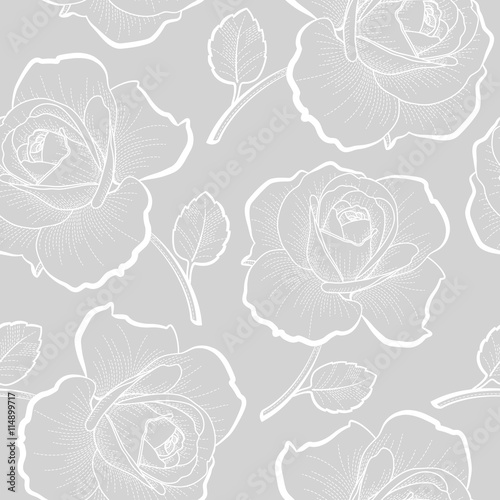 White outline roses on gray seamless pattern