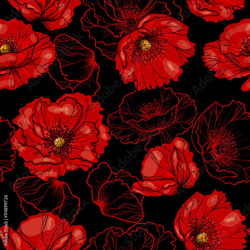red-poppy-on-black-background-vector-seamless-pattern