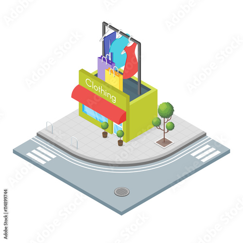 Isometric 3d vector illustration of clothing store.