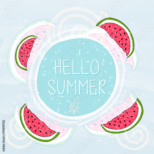 hello summer in frame with watermelons and sun smile, blue grung