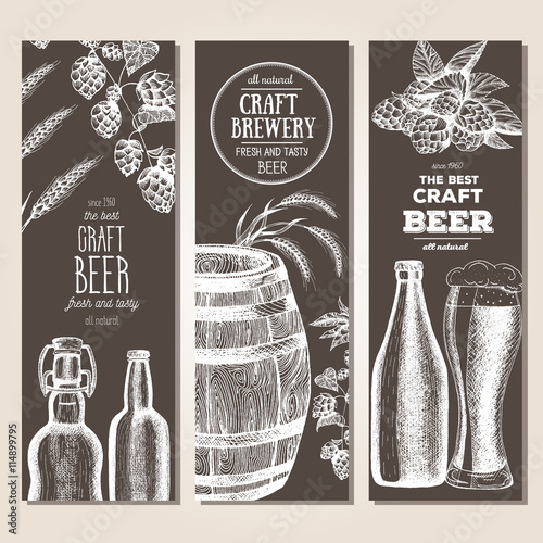 Banner set. Vector illustration in sketch style. Hand drawn beer vertical banners. Line drawing