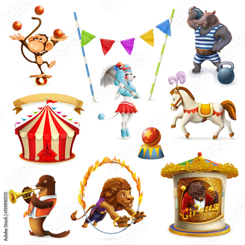 Circus, funny animals, set of vector icons, mesh