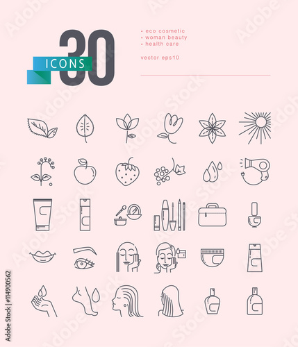 Vector collection of flat simple cosmetic and medicine icons isolated. Beauty symbol. Linear icons set. Cosmetic natural eco product, mammology symbols, woman health care