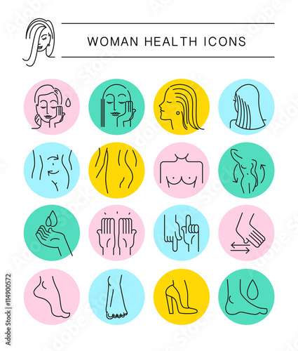 Vector collection of flat simple cosmetic and medicine icons isolated. Beauty symbol. Linear icons set. Cosmetic natural eco product, mammology symbols, woman health care