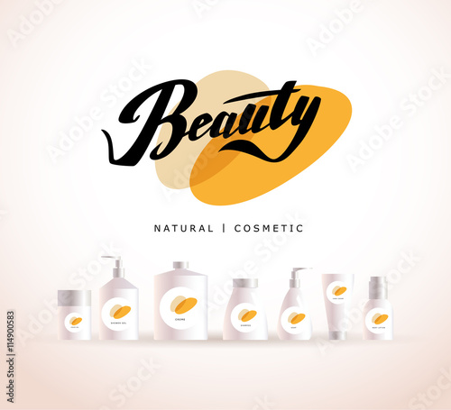 Vector cosmetic insignia isolated on white background. Eco product brand mark. Cosmetic label design template. Cosmetic beauty logo.Different cosmetic products.