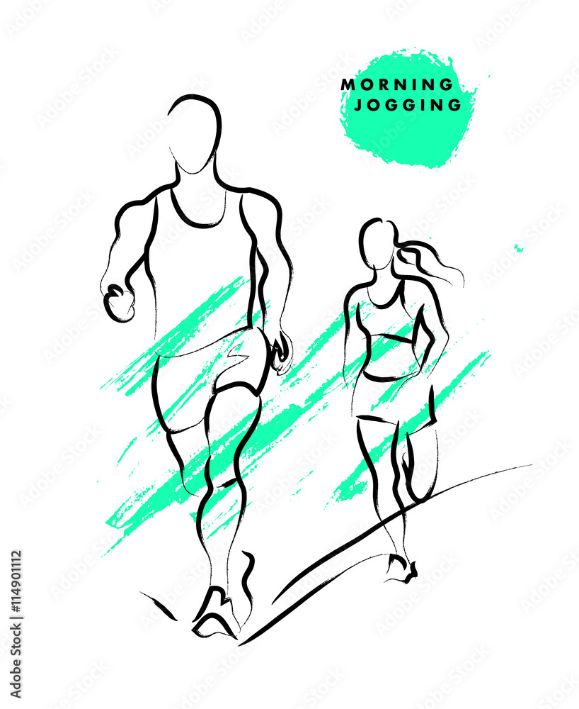 Fototapeta premium Vector hand drawn active people sketch isolated on white background. Running man silhouette. Ink drawing. Sportsman figure. Human jogging.