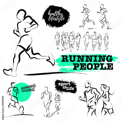 Vector hand drawn active people sketch isolated on white background. Running man silhouette. Ink drawing. Sportsman figure. Human jogging.