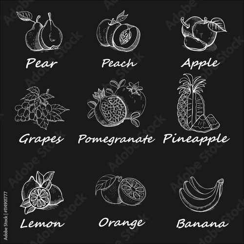 Collection, a set of chalk hand drawn fruits on the blackboard.