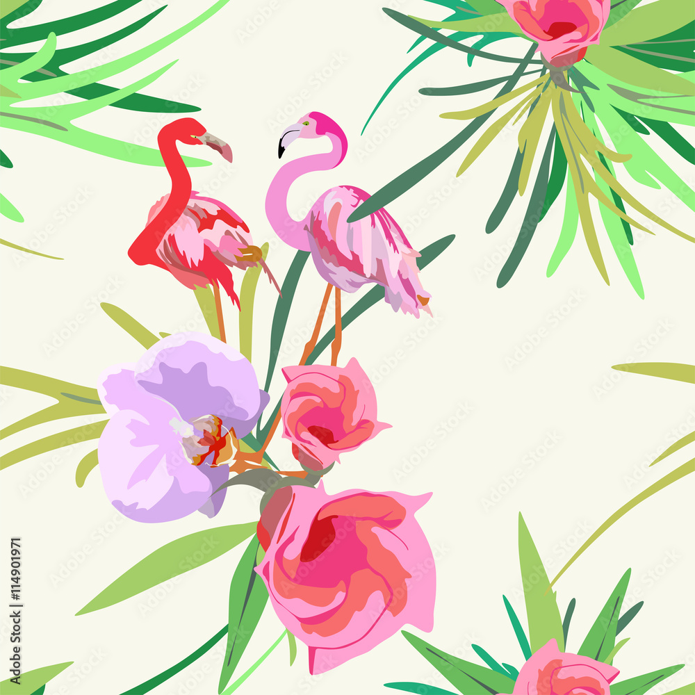 Drawing two of red and pink flamingos, tropical floral background ...