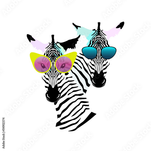 Abstract watercolor pattern Two funny striped Zebra (girl man) sunglasses (yellow, pink, blue), vector color print design, cool style for summer, logo, draw animals, black and white