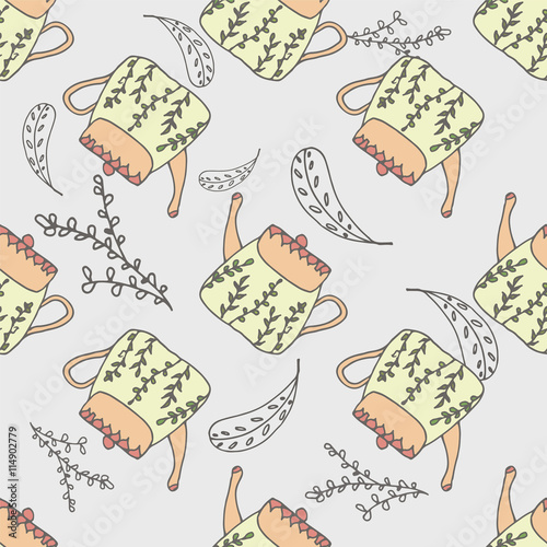 Pastel seamless pattern with cute teapots and leafy elements