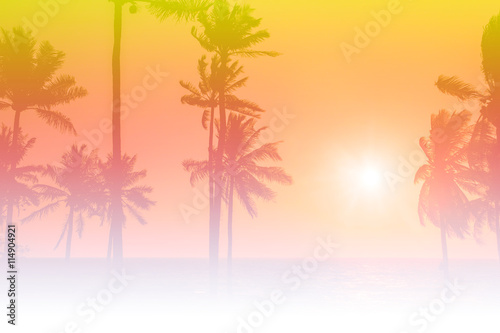 palm trees silhouette on sunset tropical beach