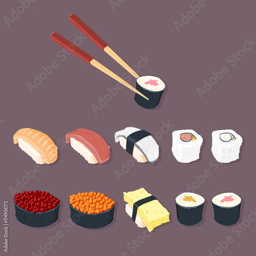 Vector illustration of a Japanese Sushi Icon collection.
Japanese Raw Fish Cuisine.