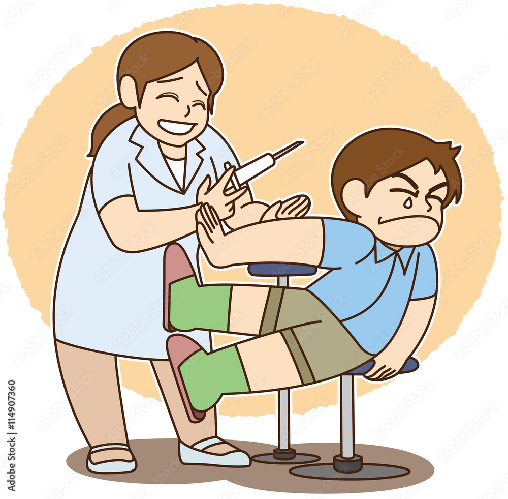 注射を怖がる男の子と困り顔の看護婦さん 背景有 Stock Vector Adobe Stock