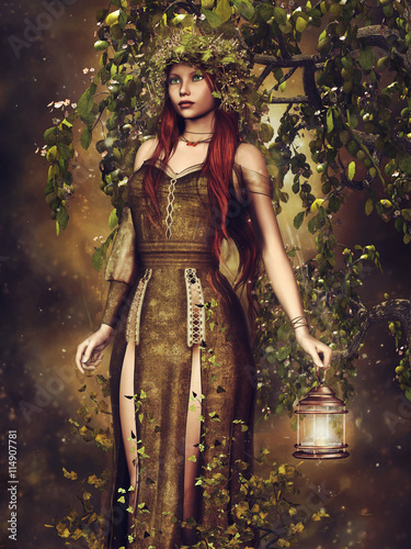 Kobieta elf z lampionem w lesie