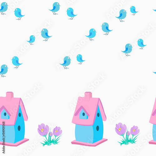 Vector pattern with birdhouse, crocuses and birds. Seamless background for kids.
