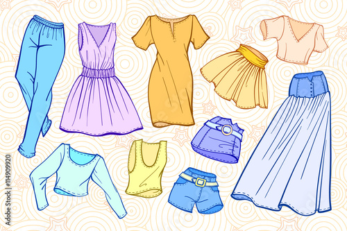 Vector stylish fashion set of woman's clothes