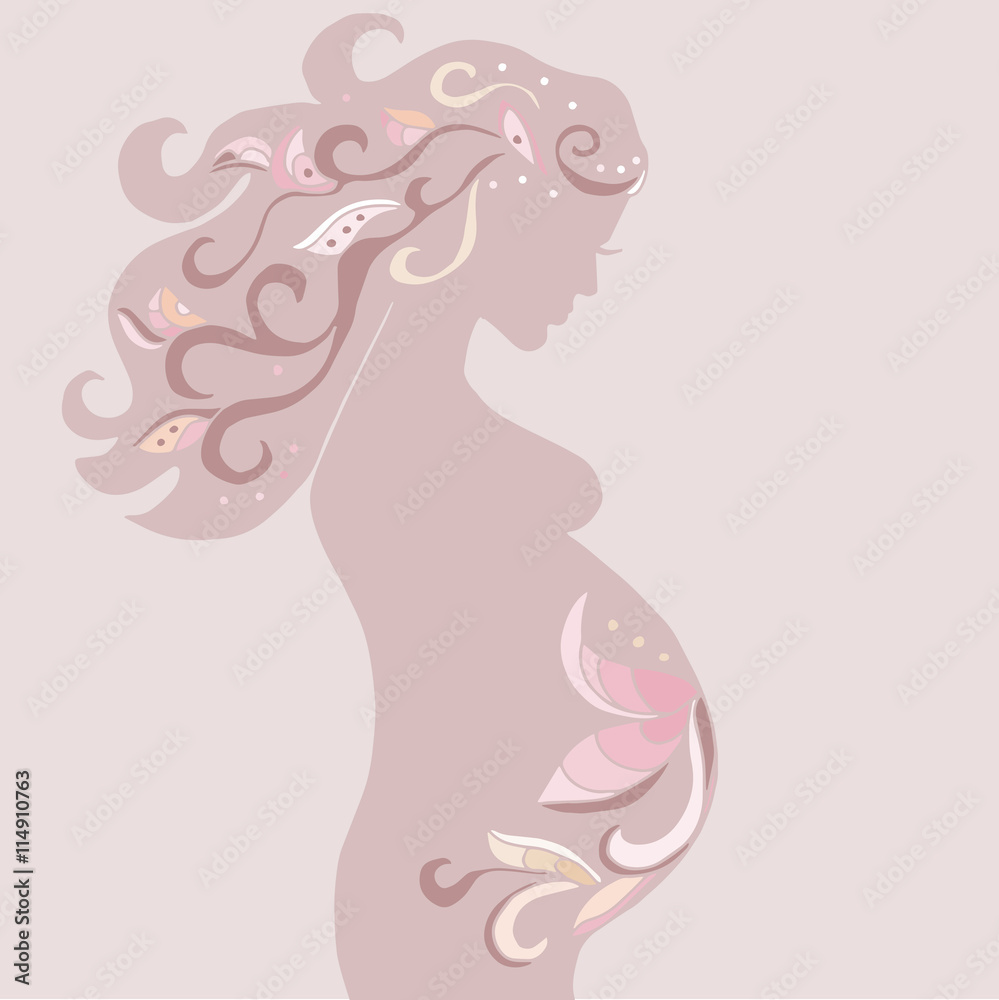 pregnant woman with vintage ornament in pink color