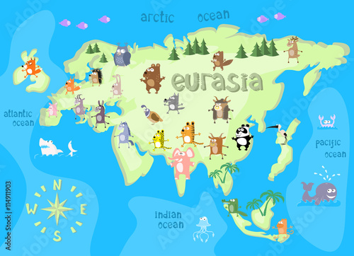 Concept design map of eurasian continent with animals drawing in funny cartoon style for kids and preschool education. Vector illustration