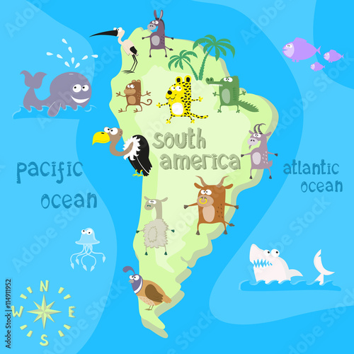 Concept design map of south american continent with animals drawing in funny cartoon style for kids and preschool education. Vector illustration