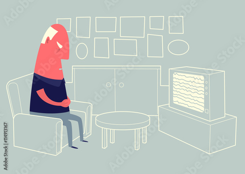 Old man sitting in armchair in front of tv set and sleeping.