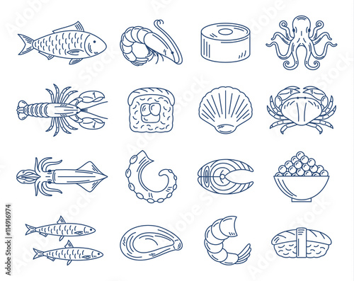 Vector seafood and sushi blue icons collection