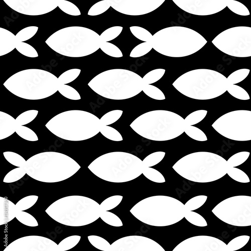 Seamless texture with different shaped fishes. Endless black and white vector pattern. Template for design textile, backgrounds, packages, wrapping paper