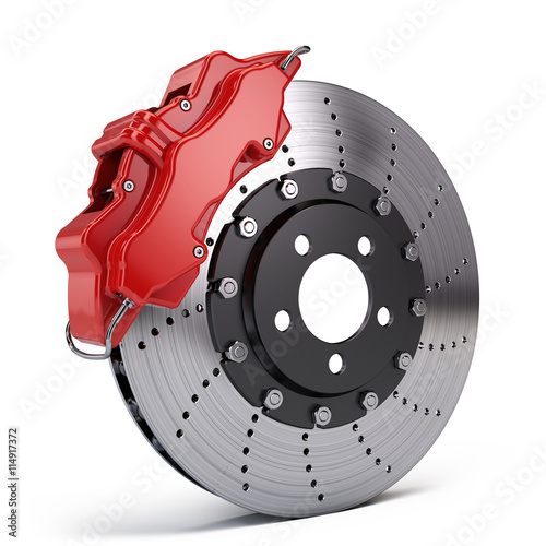 Brake Disc with Red Sport Racing Calliper isolated on white. 3d rendering photo