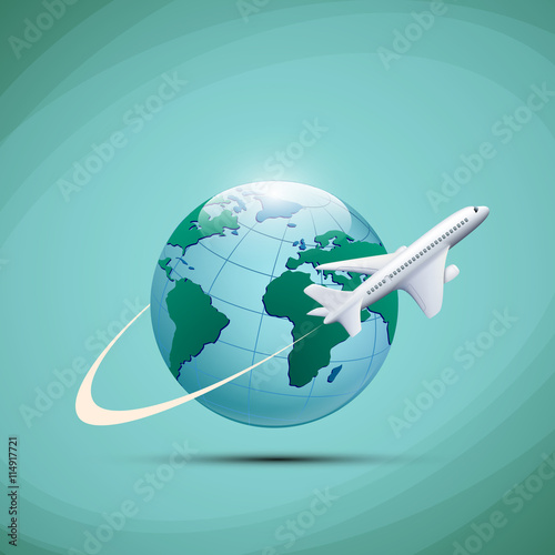 Airplane flies around the earth planet. Stock vector illustratio