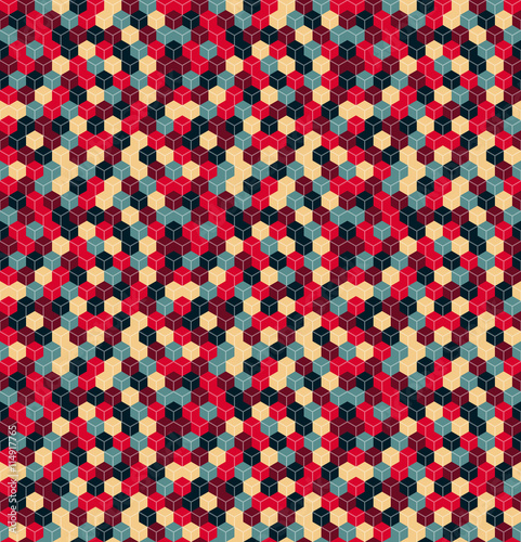Seamless hexagonal - cube, cubic, honeycomb; pattern, 3d illusion, in shades of red, blue and beige